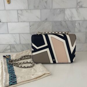 Tory Burch Robinson Fret Patchwork Leather Shoulder Bag, Ivory pink Multi